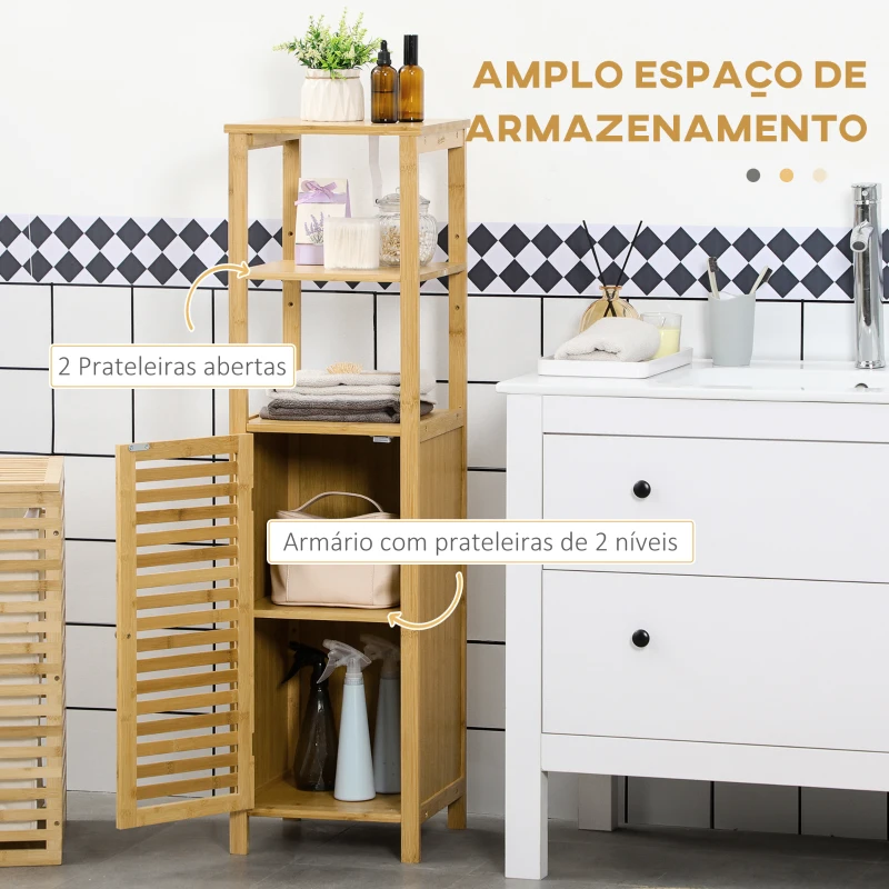 kleankin Armário Auxiliar Casa de Banho de Bambu com 2 Prateleiras Abertas e Porta de Ripas para Duche 32,9x29,9x120 cm Madeira