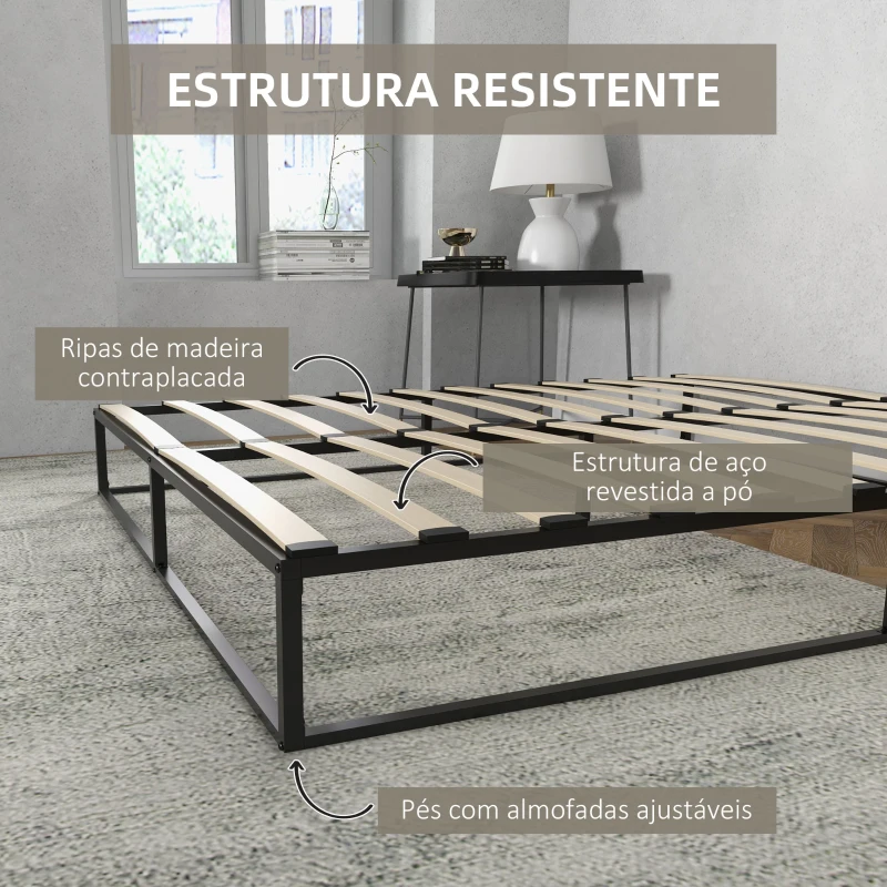 HOMCOM Estrutura de Cama de Aço Altura 25 cm Estrado de Cama para Colchão 180x200 cm com Ripas de Madeira para 1-2 Pessoas Preto