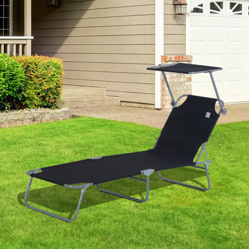Outsunny Reclining Chair Sun Lounger Folding Lounger Seat with Sun Shade Awning Beach Garden Outdoor Patio Recliner Adjustable (Black)