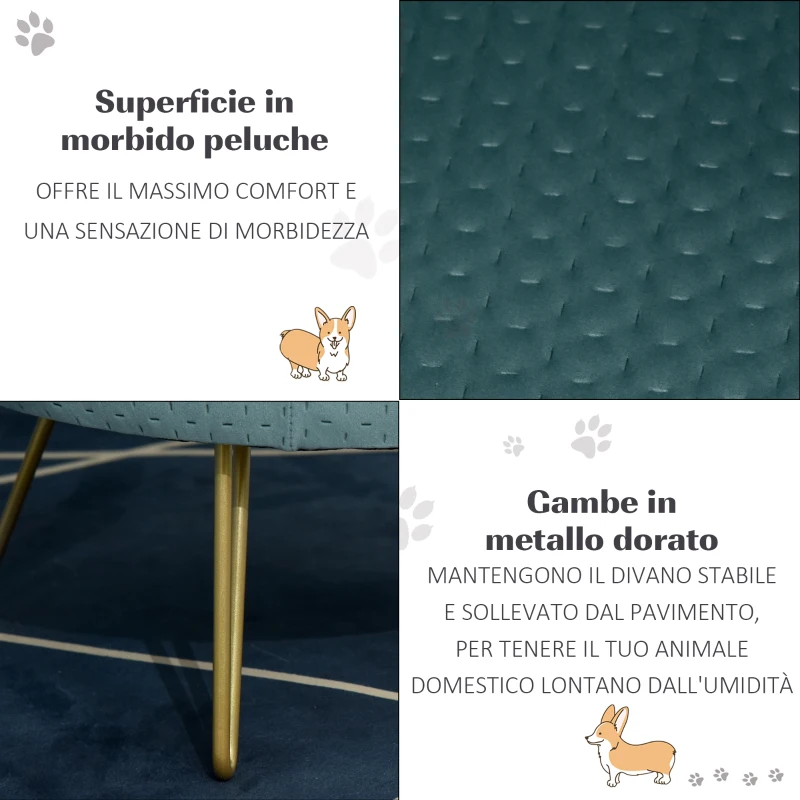 PawHut Cuccia di Design per Gatti o Cani fino 4kg in Metallo Oro e Velluto Verde Petrolio, 41.5x41.5x36.5cm