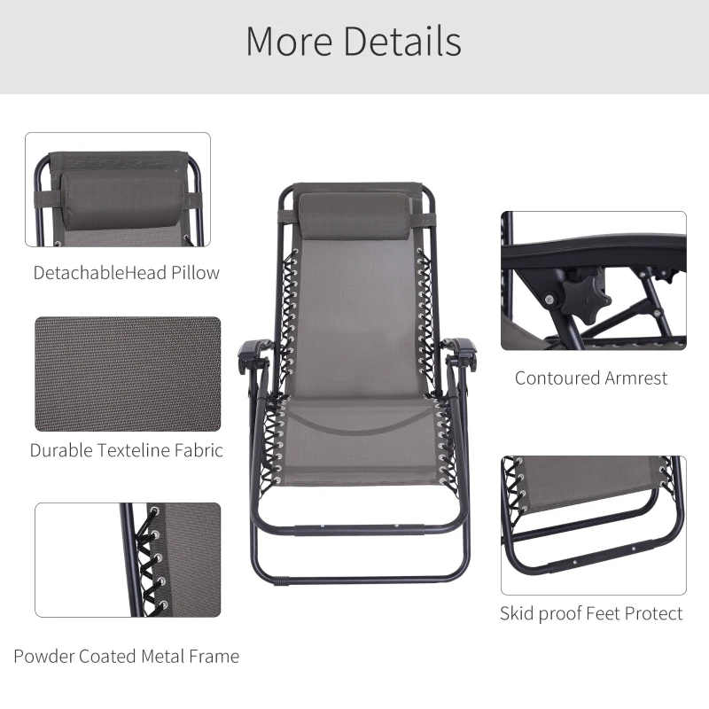 Outsunny Outdoor Zero Gravity Chair w/ Head Pillow for Patio Decking Gardens Camping Grey
