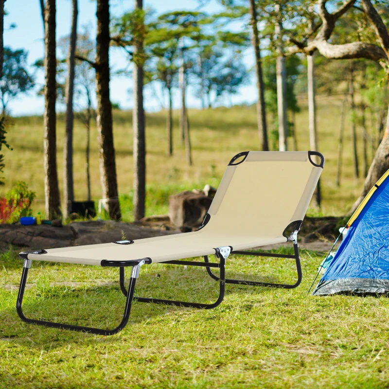 Outsunny Portable Outdoor Sun Lounger, Lightweight Folding Chaise Lounge Chair w/ 5-Position Adjustable Backrest for Beach, Poolside and Patio, Beige