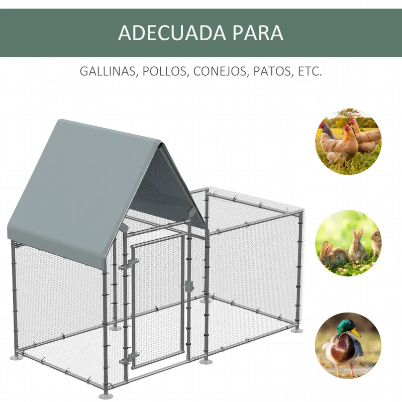 PawHut Gallinero de Exterior Grande 2x1,05x1,72 m con Tejado de Tela Oxford Jaula de Acero Galvanizado para Gallinas Conejos Aves de Corral con Cerradura Plata