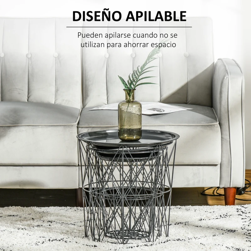 HOMCOM Juego de 3 Mesas Auxiliares Apilables Cestas de Metal con Bandeja Extraíble y Espacio de Almacenamiento Estilo Moderno para Salón Sofá Diámetro Ø43 Ø35 y Ø30 Gris