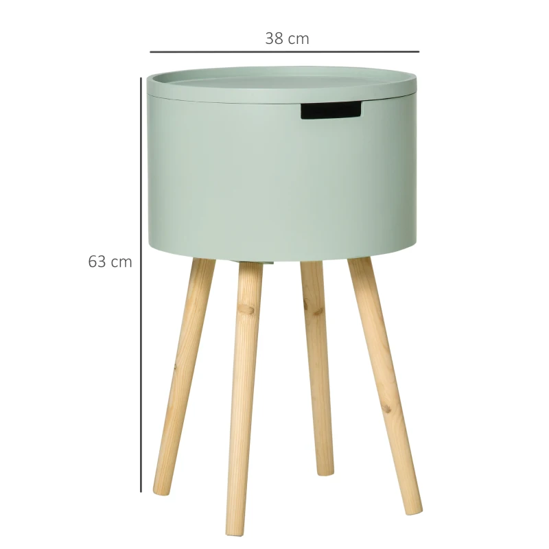 HOMCOM Mesa Auxiliar de Salón Moderna Mesita de Noche con Tapa Extraíble Espacio de Almacenamiento y Patas de Madera para Dormitorio Sofá Esquina Ø38x63 cm Verde