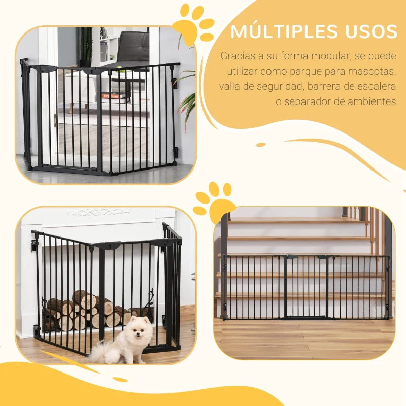 PawHut Barrera para Perros Plegable de 3 Paneles con Cierre Inteligente Barrera de Seguridad para Pasillo 180x74,5 cm Negro