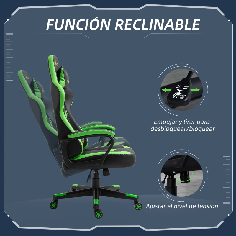 Vinsetto Silla Gaming Altura Regulable Basculante con Reposacabezas Cojín Lumbar 61x70x121-129 cm Verde