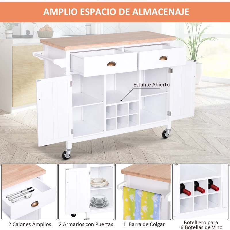 HOMCOM Carrito Auxiliar de Cocina con Ruedas Isla de Cocina Multiusos con Cajones Botellero Armarios Cerrados y Estante Cajón Blanco 113x45x89cm