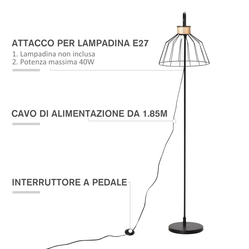 HOMCOM Lampada da Terra di Design Stile Industriale in Metallo e Rattan, Illuminazione Casa e Ufficio, 44x34x154cm, Nero