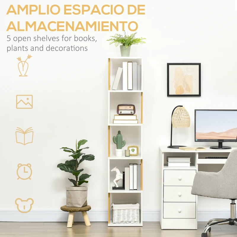 HOMCOM Estantería Librería en Forma S Estantería para Libros con 5 Estantes para Salón Oficina 33x28x161 cm Blanco
