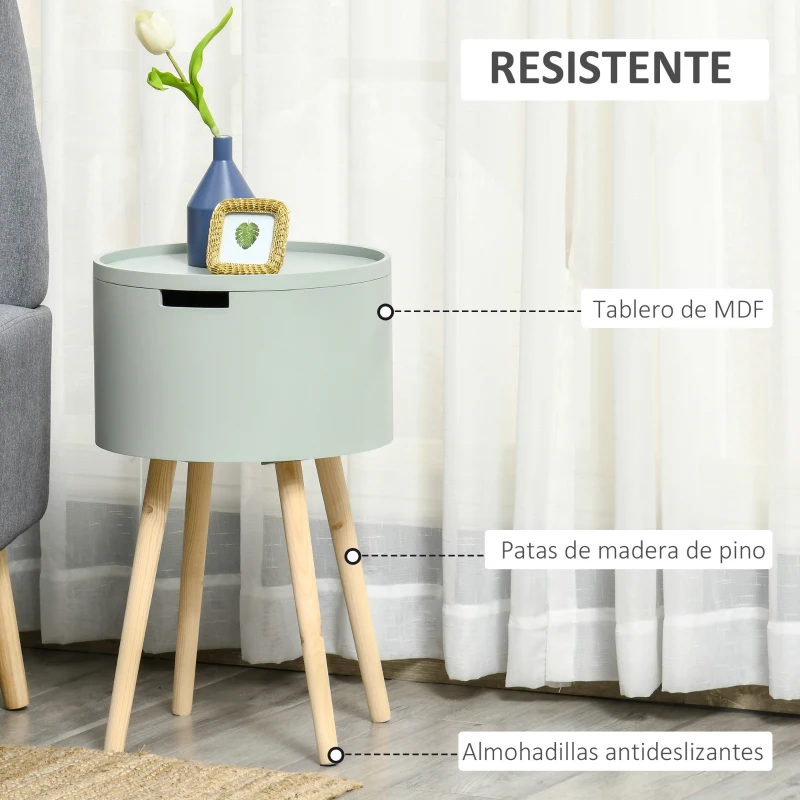 HOMCOM Mesa Auxiliar de Salón Moderna Mesita de Noche con Tapa Extraíble Espacio de Almacenamiento y Patas de Madera para Dormitorio Sofá Esquina Ø38x63 cm Verde