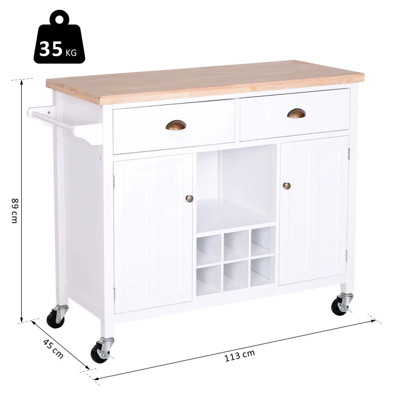 HOMCOM Carrito Auxiliar de Cocina con Ruedas Isla de Cocina Multiusos con Cajones Botellero Armarios Cerrados y Estante Cajón Blanco 113x45x89cm