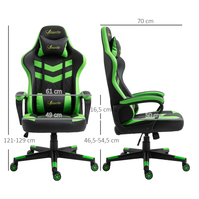Vinsetto Silla Gaming Altura Regulable Basculante con Reposacabezas Cojín Lumbar 61x70x121-129 cm Verde