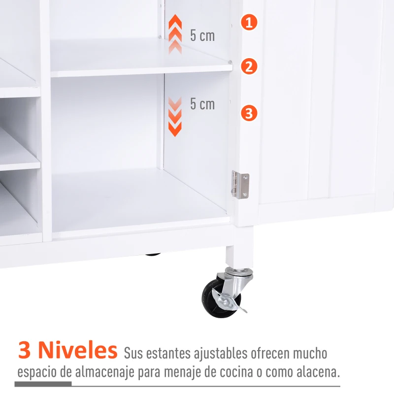 HOMCOM Carrito Auxiliar de Cocina con Ruedas Isla de Cocina Multiusos con Cajones Botellero Armarios Cerrados y Estante Cajón Blanco 113x45x89cm