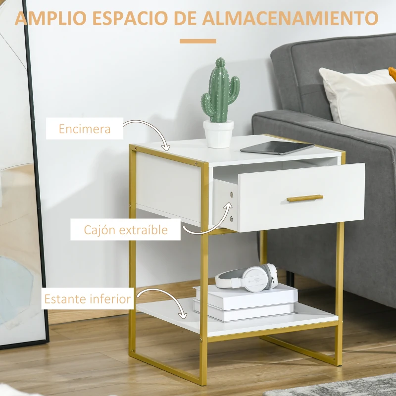 HOMCOM Mesita de Noche Mesa Auxiliar con Cajón y Estante de Almacenamiento para Dormitorio Salón Cama Oficina Estilo Moderno 45x40x60 cm Blanco