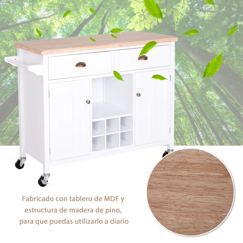 HOMCOM Carrito Auxiliar de Cocina con Ruedas Isla de Cocina Multiusos con Cajones Botellero Armarios Cerrados y Estante Cajón Blanco 113x45x89cm