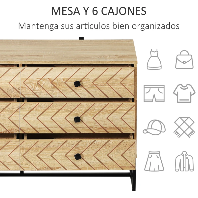 HOMCOM Armario Auxiliar Cajonera Retro Cómoda Muebles con 6 Cajones Deslizables para Salón Madera 120x39.5x71cm