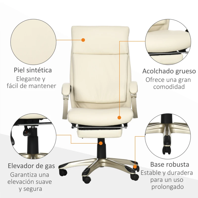 Vinsetto Silla de Oficina Ergonómica y Reclinable con Reposapiés Retráctil para Oficina Estudio 60,5x67x111-121cm Blanco