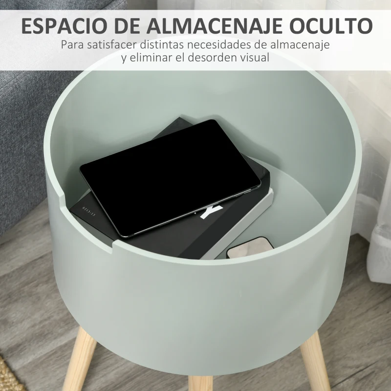 HOMCOM Mesa Auxiliar de Salón Moderna Mesita de Noche con Tapa Extraíble Espacio de Almacenamiento y Patas de Madera para Dormitorio Sofá Esquina Ø38x63 cm Verde