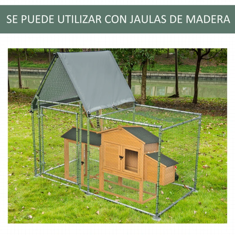 PawHut Gallinero de Exterior Grande 2x1,05x1,72 m con Tejado de Tela Oxford Jaula de Acero Galvanizado para Gallinas Conejos Aves de Corral con Cerradura Plata