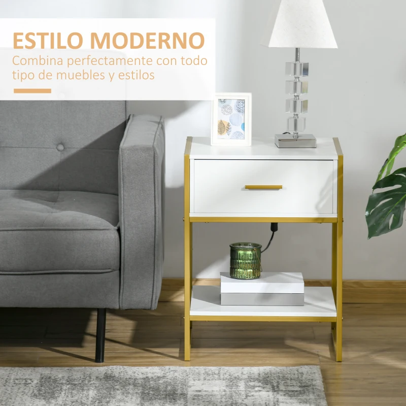 HOMCOM Mesita de Noche Mesa Auxiliar con Cajón y Estante de Almacenamiento para Dormitorio Salón Cama Oficina Estilo Moderno 45x40x60 cm Blanco