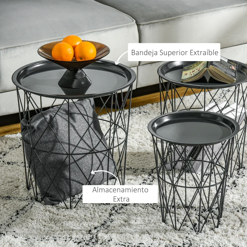 HOMCOM Juego de 3 Mesas Auxiliares Apilables Cestas de Metal con Bandeja Extraíble y Espacio de Almacenamiento Estilo Moderno para Salón Sofá Diámetro Ø43 Ø35 y Ø30 Gris