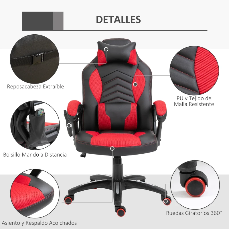 HOMCOM Sillón Giratorio Ejecutiva con 6 Puntos de Masaje y Calefacción 2 Almohadas y Mando a Distancia 68x69x108-117cm Rojo