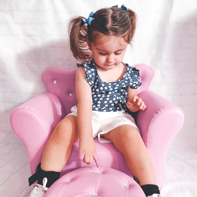 HOMCOM Toddlercouch, Kids Sofa with Footstool PU Leather Princess Crown Sofas Armchair Sofa - Pink