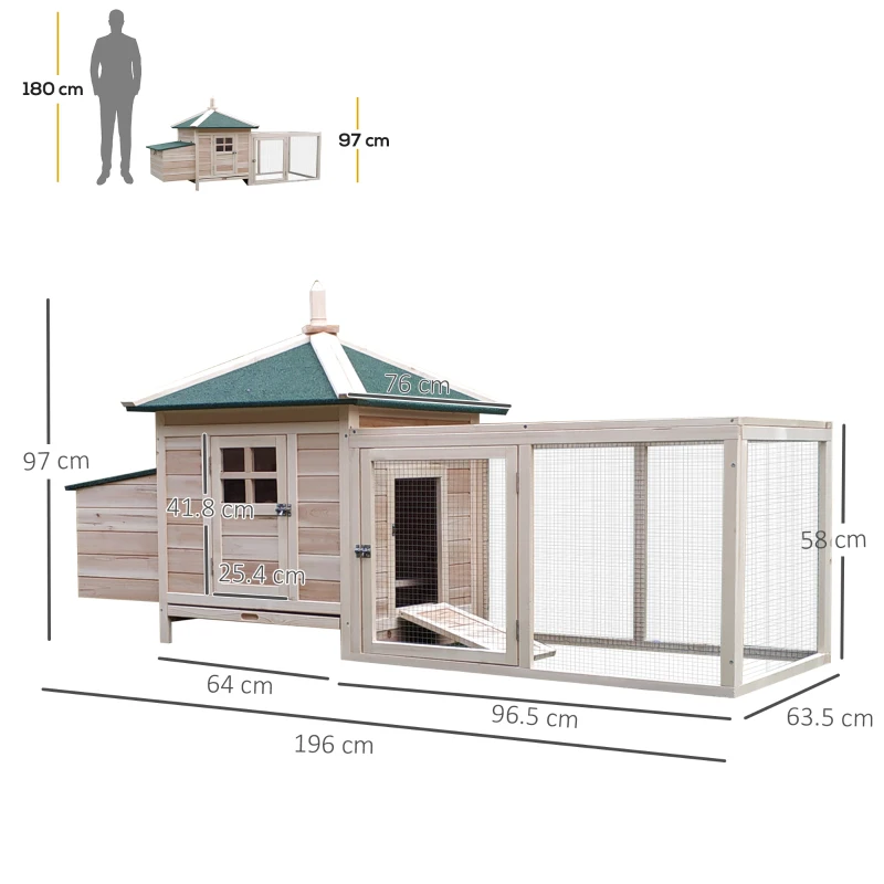 PawHut cuibar cu zona pentru alergat, lemn 196x76x97cm(m-3)