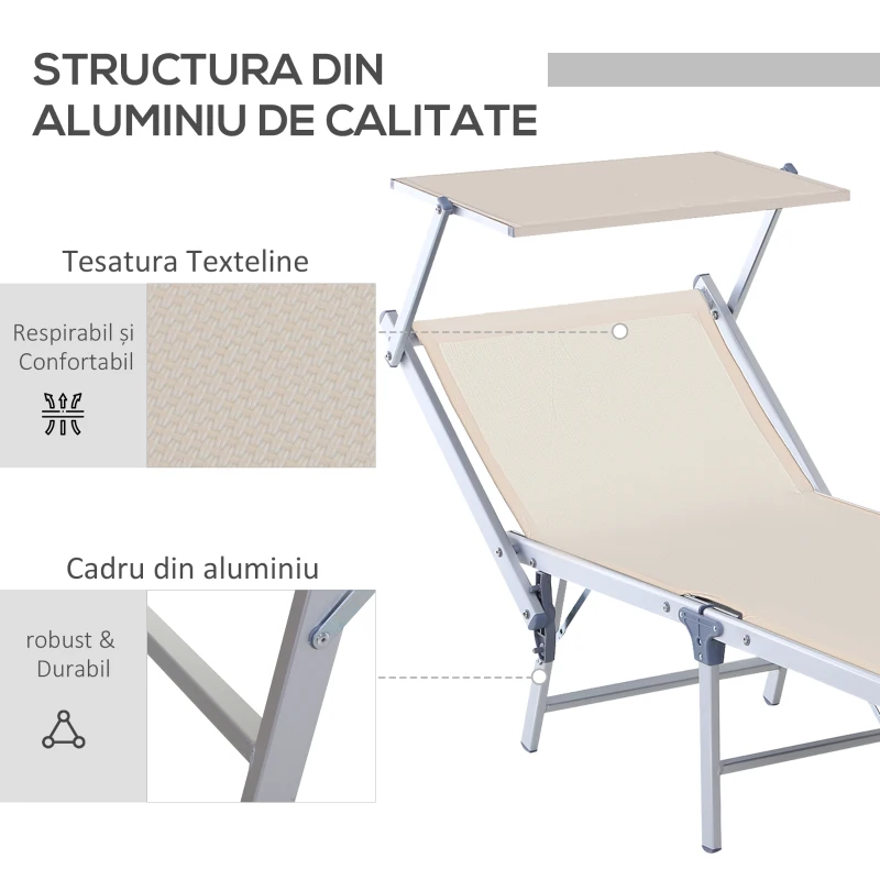 Outsunny Sezlong de Gradina cu Acoperis Pliabil din Aluminiu si Tesatura transpirabila, Bej