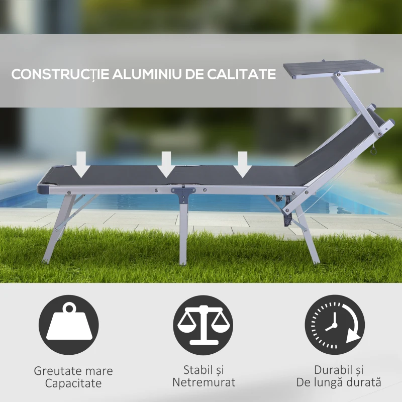 Outsunny Sezlong Pliabil de Gradina cu Baldachin Sezlong de Plaja din Aluminiu