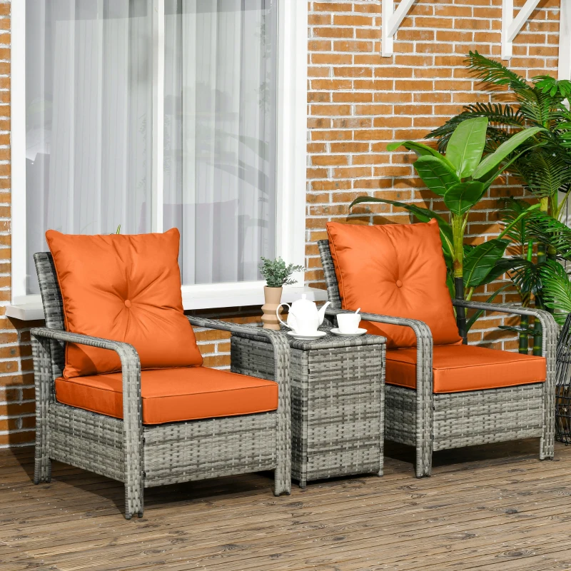 Outsunny 3 Pieces Rattan Bistro Set, Wicker Garden Furniture Set with Storage  Coffee Table and Chairs, Thickened Cushions for Outdoor, Patio, Balcony, Orange