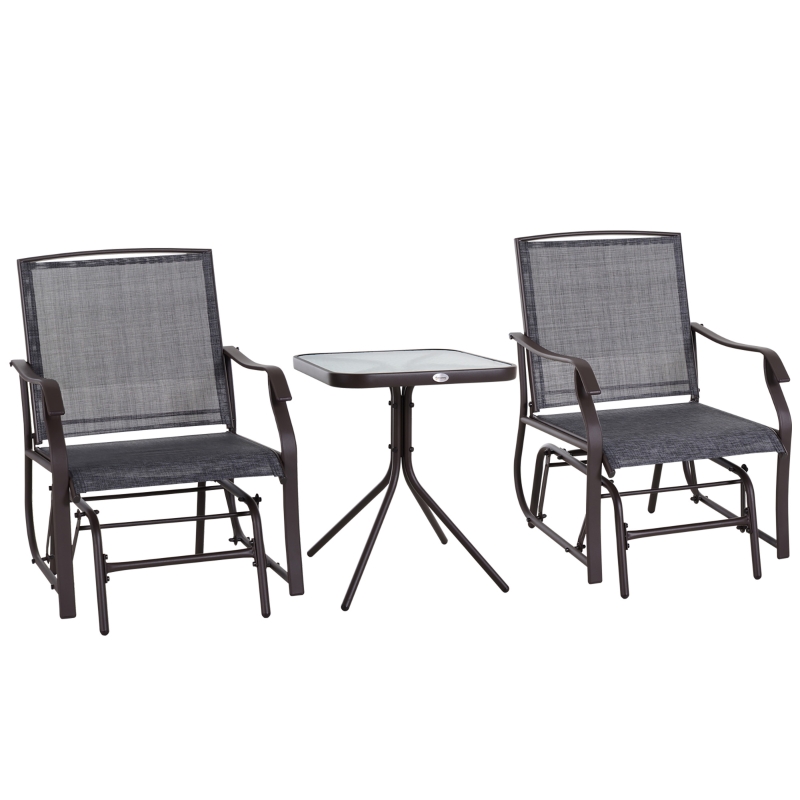 Outsunny Set-of-2 Rocking Glider Chairs Set w/Glass Top Table High Back  3pcs Patio Furniture Bistro Set Grey