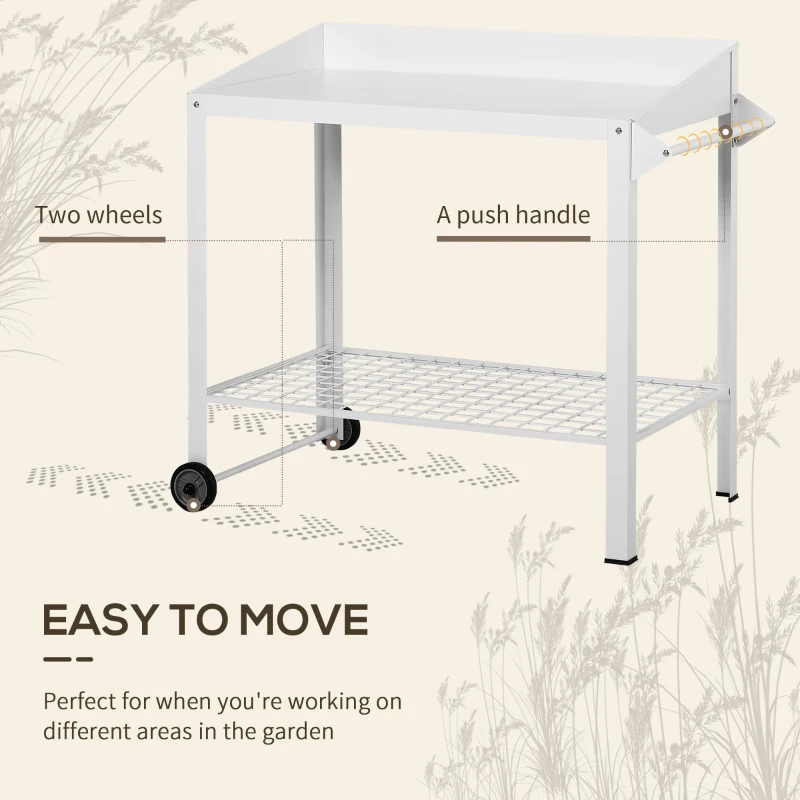 Outsunny Metal Outdoor Gardening Bench with 2 Wheels Side Hanger Potting Table Bottom Mesh Shelf Push Cart White