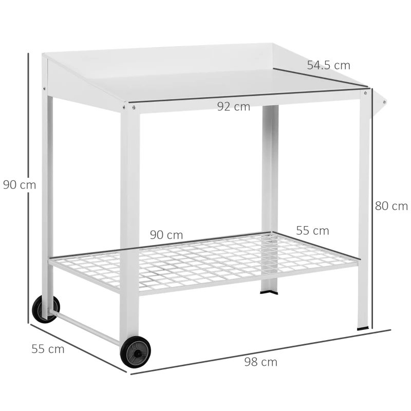Outsunny Metal Outdoor Gardening Bench with 2 Wheels Side Hanger Potting Table Bottom Mesh Shelf Push Cart White