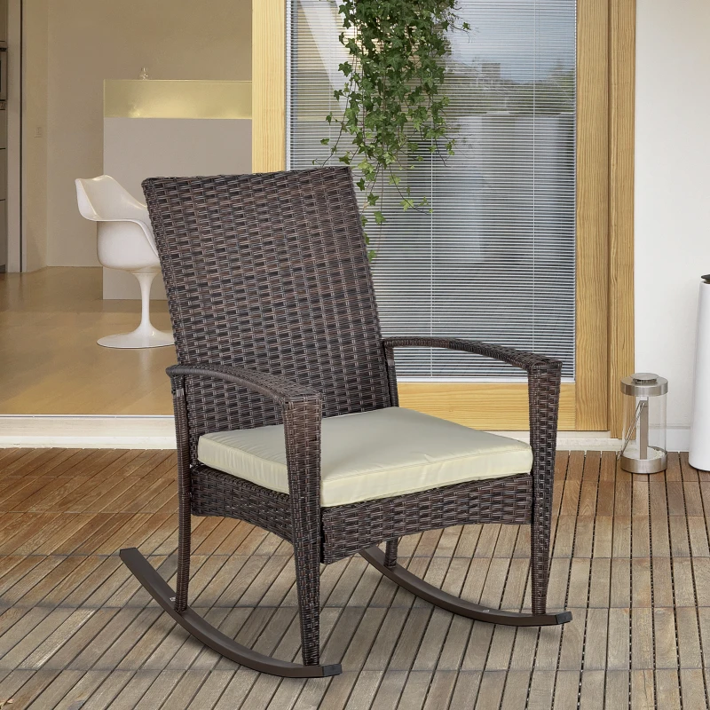 Outsunny Outdoor PE Rattan Rocking Chair, Garden Rocking Chair Set with Armrest and Cushion, Brown