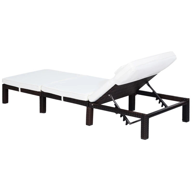 Outsunny Outdoor PE Rattan Sun Lounger with Cushion, Patio Wicker 5-level Reclining Single Lounger with Headrest, Mixed Brown