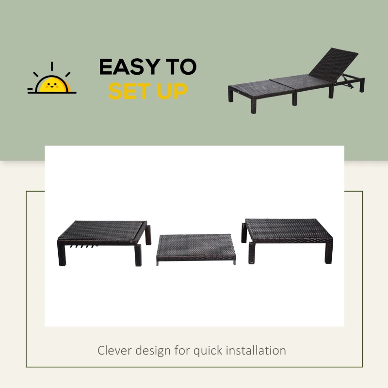 Outsunny Outdoor PE Rattan Sun Lounger with Cushion, Patio Wicker 5-level Reclining Single Lounger with Headrest, Mixed Brown