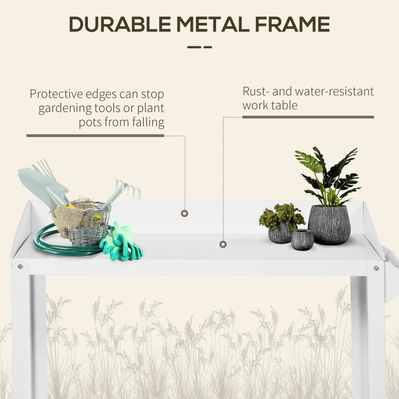 Outsunny Metal Outdoor Gardening Bench with 2 Wheels Side Hanger Potting Table Bottom Mesh Shelf Push Cart White