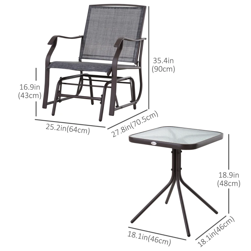 Outsunny Outdoor Glider Rocking Chair & Table Set, Patio Furniture Bistro Set with 2 Single Seaters Swing Chair and Square Glass Top Table, Grey