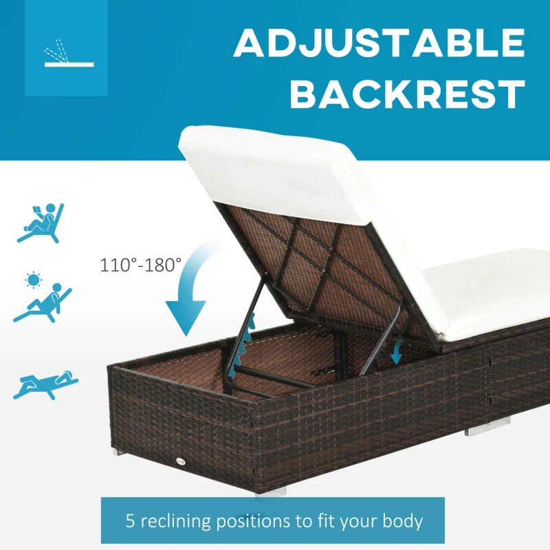 Outsunny PE Rattan Sun Lounger  Single Adjustable Recliner Day Bed with 5cm Thick Cushions Brown