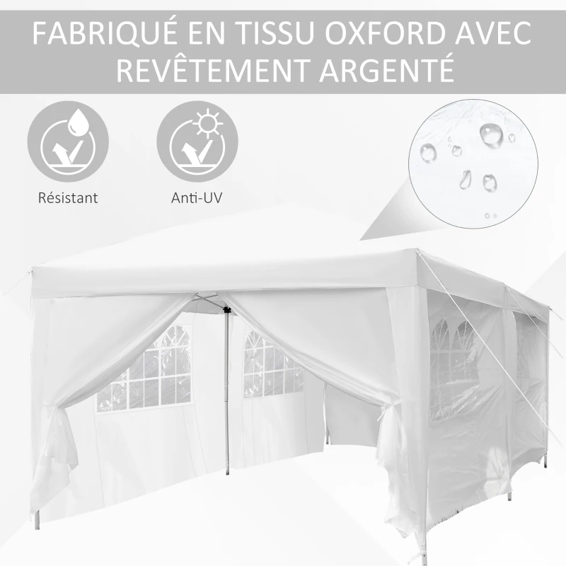 Outsunny Tonnelle Barnum Pliant Pop-up 6L x 3l x 2,5H m 6 parois latérales Amovibles 4 fenêtres + Sac de Transport Blanc