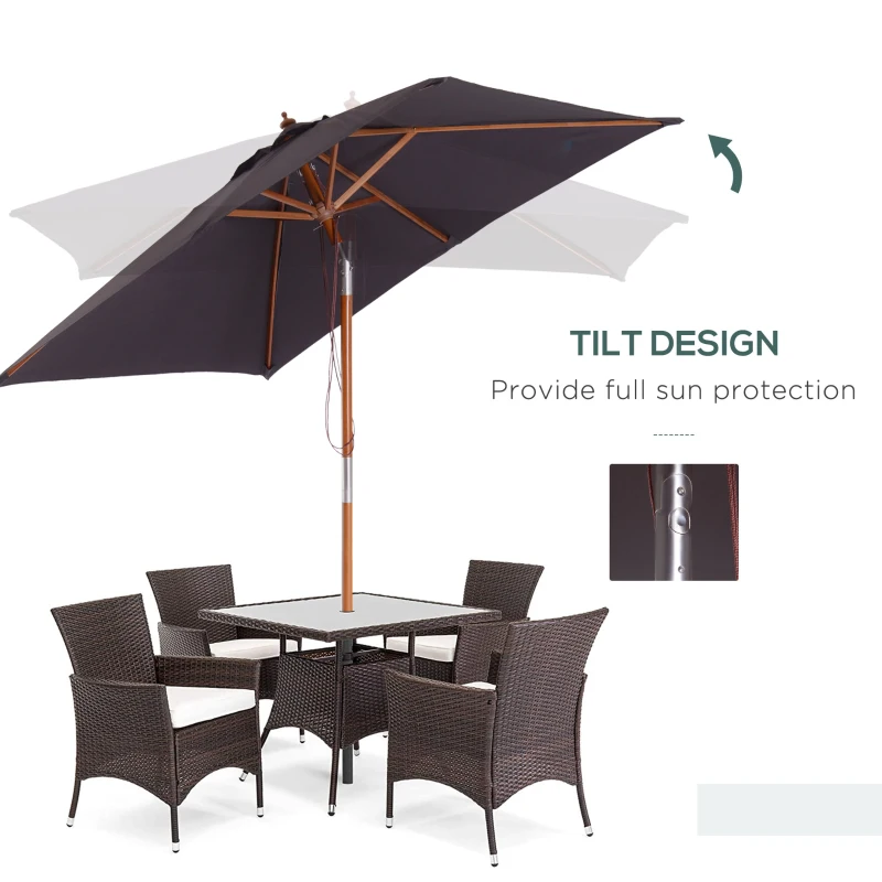 Outsunny Wooden Patio Umbrella Market Parasol Outdoor Sunshade 6 Ribs Deep Grey