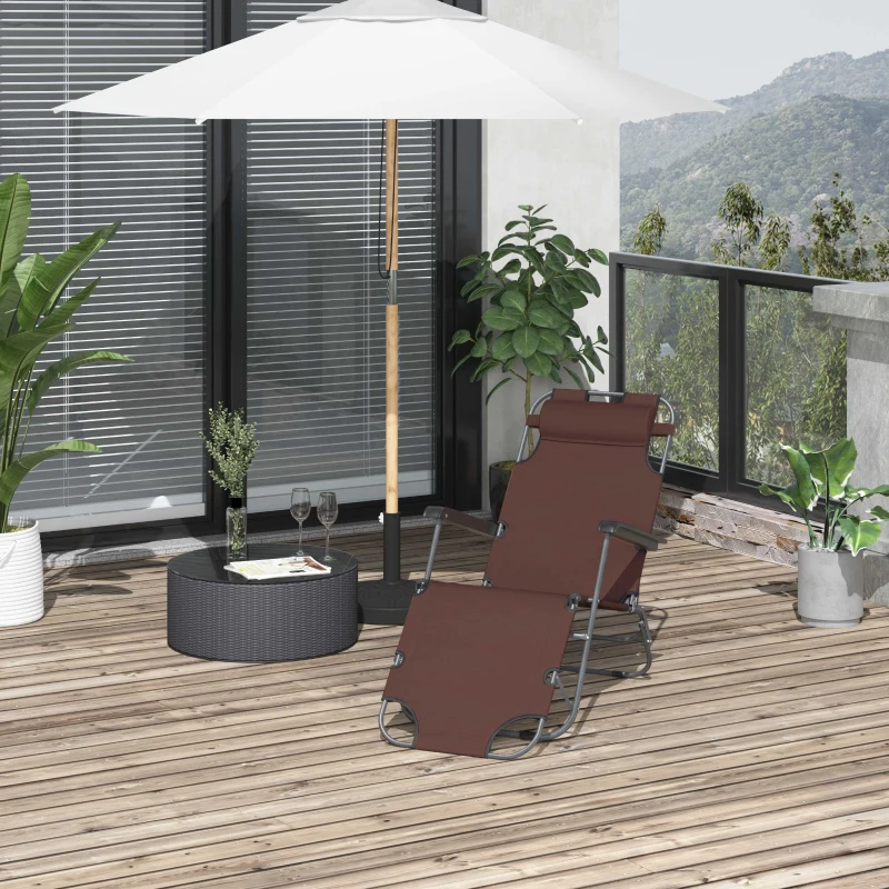 Outsunny Foldable Outdoor Sun Lounger, Reclining Camping Chair with Adjustable Back, Armrest, Headrest Pillow, Brown