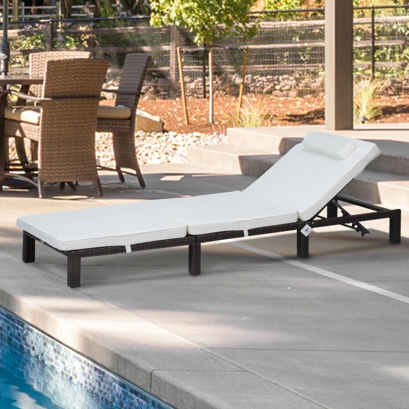 Outsunny Outdoor PE Rattan Sun Lounger with Cushion, Patio Wicker 5-level Reclining Single Lounger with Headrest, Mixed Brown