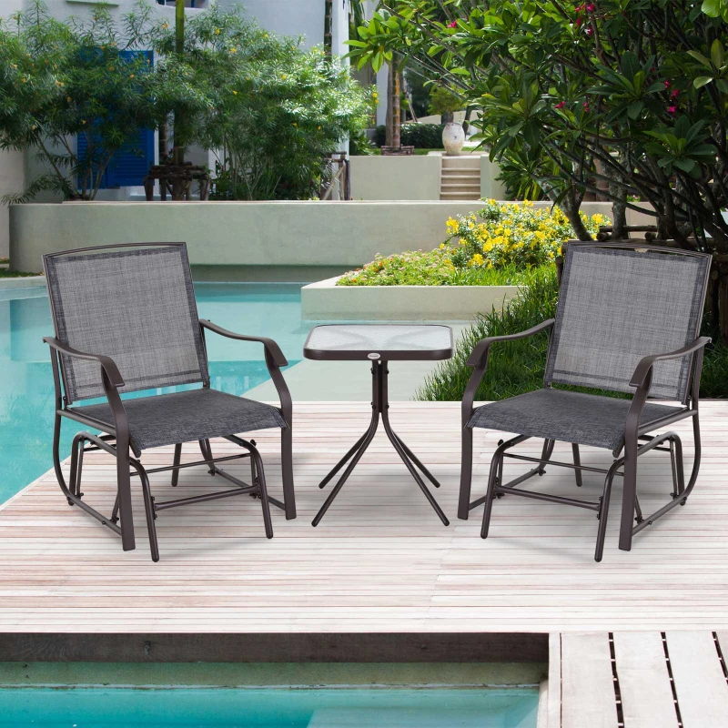 Outsunny Outdoor Glider Rocking Chair & Table Set, Patio Furniture Bistro Set with 2 Single Seaters Swing Chair and Square Glass Top Table, Grey