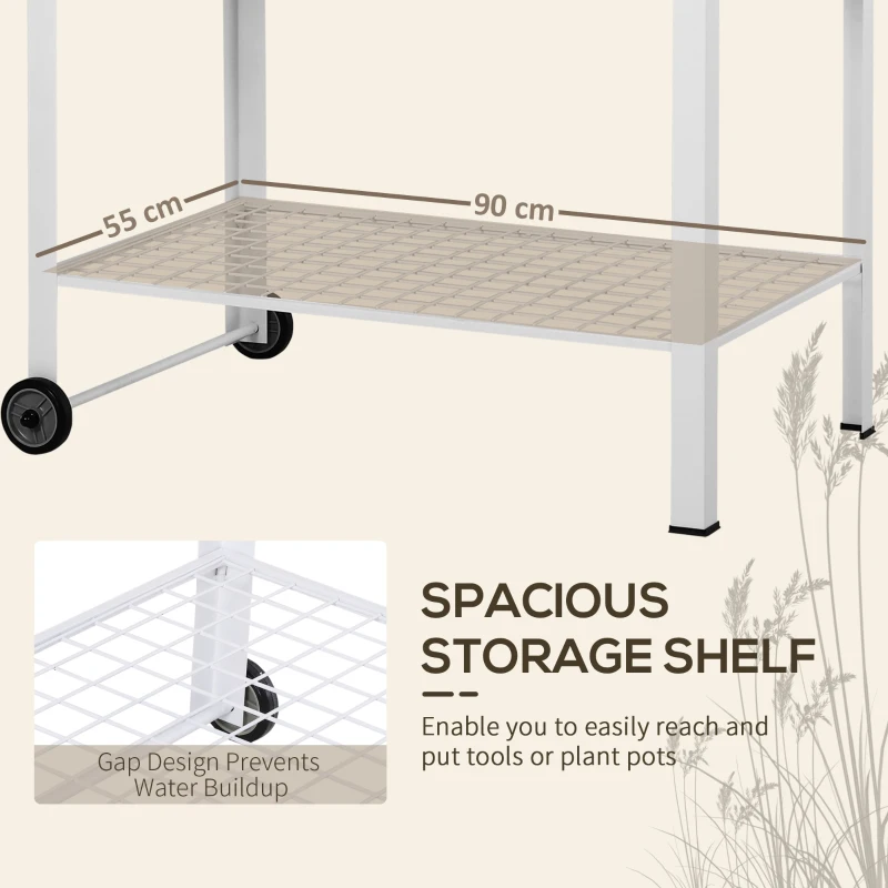 Outsunny Metal Outdoor Gardening Bench with 2 Wheels Side Hanger Potting Table Bottom Mesh Shelf Push Cart White