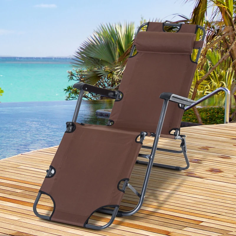 Outsunny Foldable Outdoor Sun Lounger, Reclining Camping Chair with Adjustable Back, Armrest, Headrest Pillow, Brown