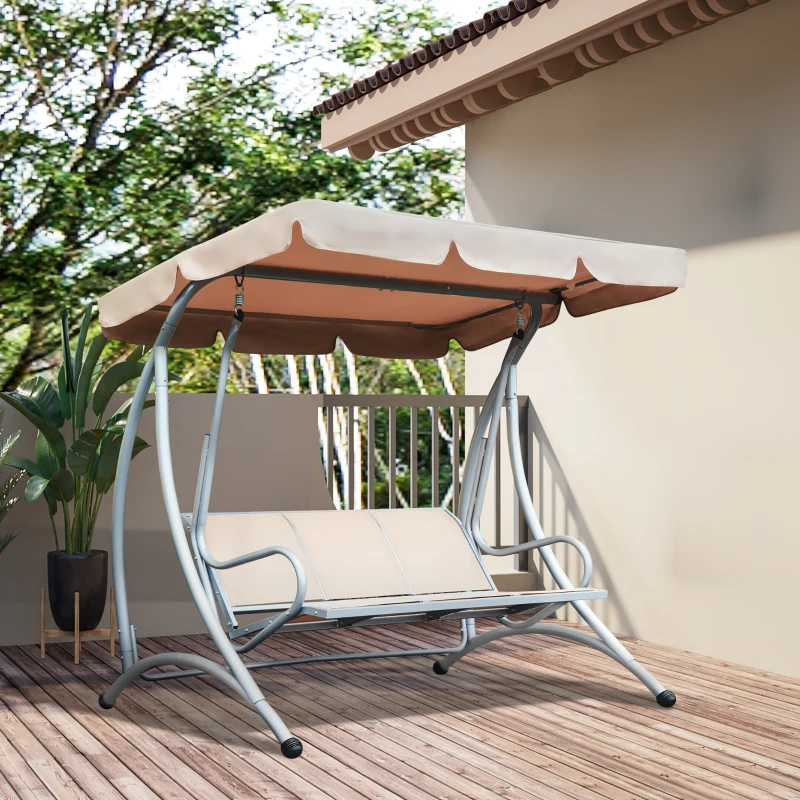 Outsunny 3 Seater Garden Swing Seat, Steel Swing Chair Bench with Adjustable Canopy for Outdoor Patio Porch, Beige