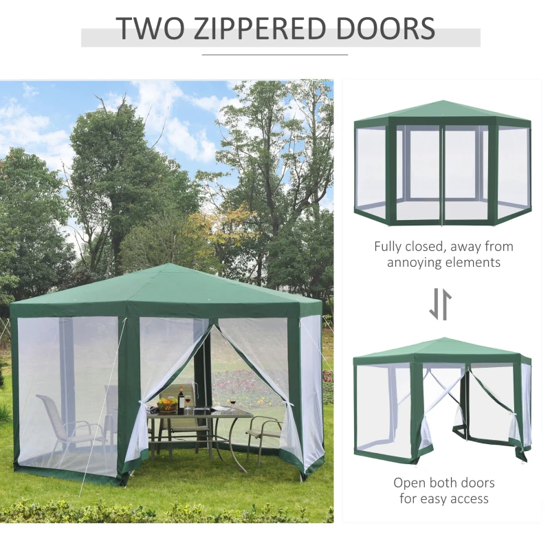 Outsunny 3.94 x 3.94m Outdoor Party Tent Hexagon Sun Shelter Canopy with Protective Mesh Screen Walls & Proper Sun Protection, Green